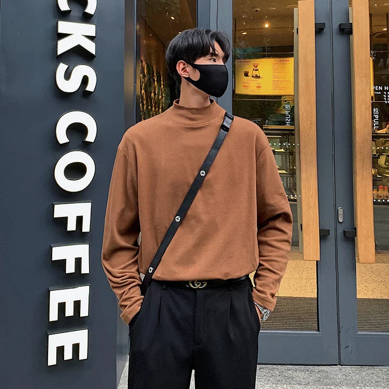 Pullover Korean Style Men's Base T-shirts Casual Solid Stand Collar Long Sleeve Fashion Male Tees Winter