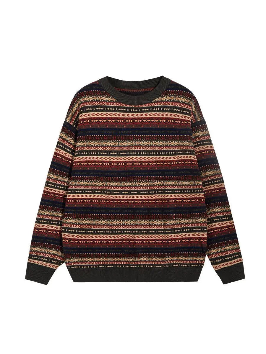 Abandoned Soil Style Jacquard Sweater for Men American Retro O-neck Knitted Pullover Unisex Autumn Winter Streetwear Lazy Top