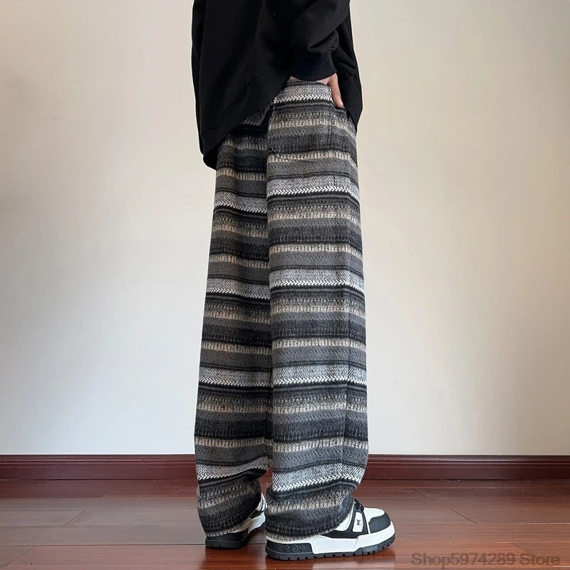 Wide Leg Pants Men Women Autumn Winter Fashion Casual Straight Pants Loose Mopping Pants Harajuku Vintage Striped Black/Coffee