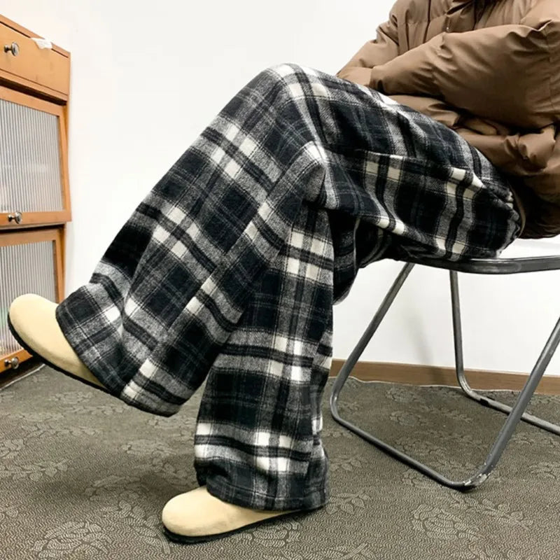 Winter Vintage Fleece Plaid Wide Leg Pants Men's Woolen Casual Thick Warm Pants Men Women Loose Straight Mopping Trousers