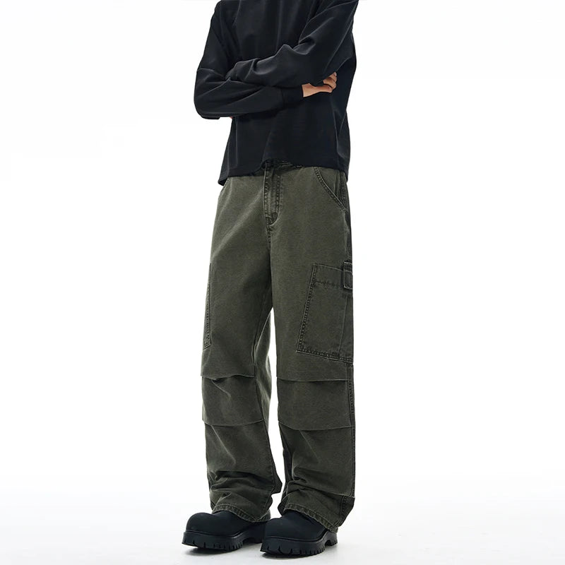 American Loose Straight Cargo Pants Men's Fashion Streetwear 100% Cotton Vintage Large Pocket Loose Casual Wide-leg Trousers