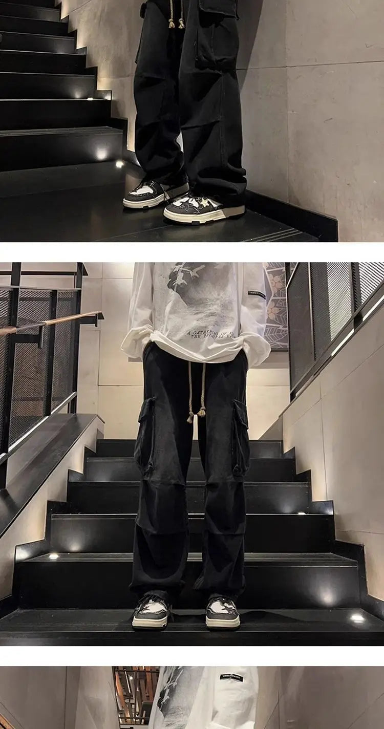 High street hip-hop men and women trendy personality large pocket straight leg washed denim jeans couple retro casual pants y2k