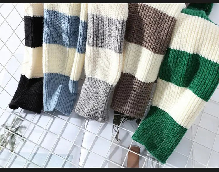 Autumn/Winter Men's Pullover Round Neck Loose Striped Contrast Letter Warm and Thick Casual Fashion Elegant Commuting Knitwear