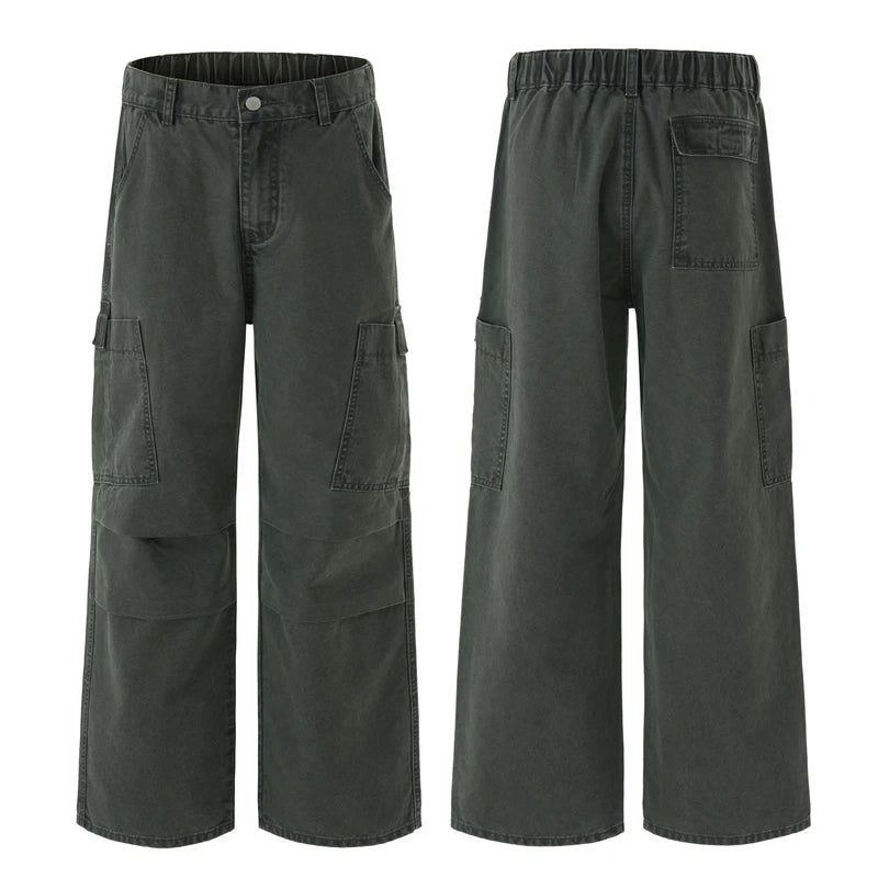 American Loose Straight Cargo Pants Men's Fashion Streetwear 100% Cotton Vintage Large Pocket Loose Casual Wide-leg Trousers