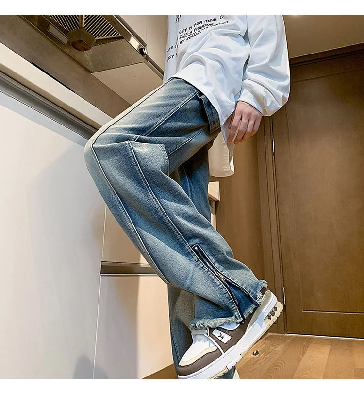 Autumn jeans men New Fashion Side Zipper Casual Jean Pants Men High Street Loose Straight Pant Mens Vintage All-match Trousers