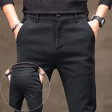 Men's Business Casual Pants Stretch Slim Fit Straight Semi-elastic Waist Trousers Solid Classic Office Work Male Clothing