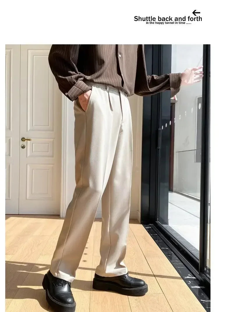 Spring Autumn Men's Fashionable White Korean Style Casual Pants Street Draped Straight Loose Suit Casual Trousers Male