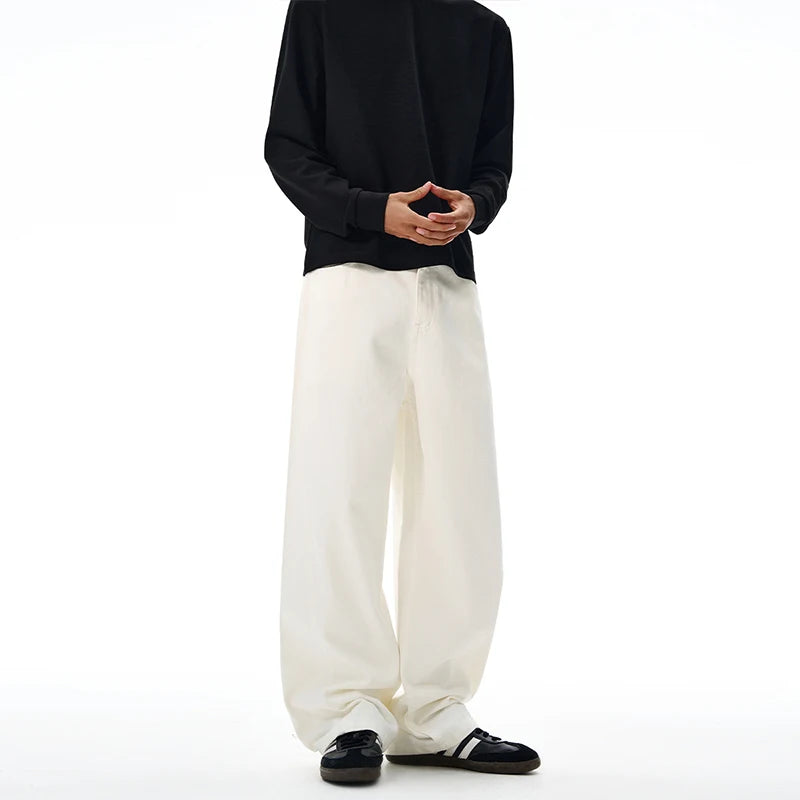 100% Pure Cotton Wide-leg Pants Men's Autumn New Oversized Comfortable Loose Casual Trousers Brown White Fashion Streetwear