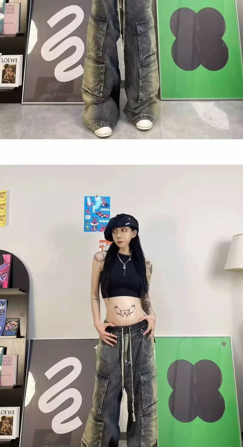 Street men and women trendy and personalized hip-hop straight leg washed gradient jeans for couples loose casual Harajuku pants