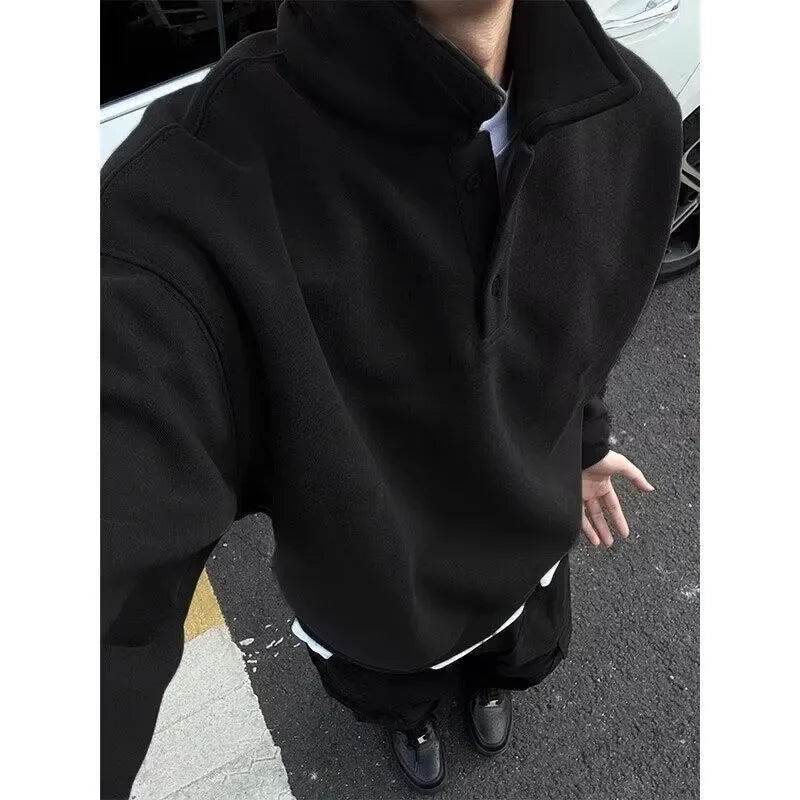 Deep Grey Polo Collar Sweatshirt Men's Spring Autumn Long Sleeve Turn Collar American Retro Jacket Loose Fit Casual Wear