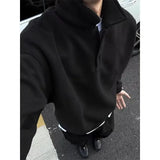 Deep Grey Polo Collar Sweatshirt Men's Spring Autumn Long Sleeve Turn Collar American Retro Jacket Loose Fit Casual Wear