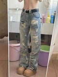 Summer American men and women street personality straight tube destructive jeans for couples loose retro washed casual pants y2k