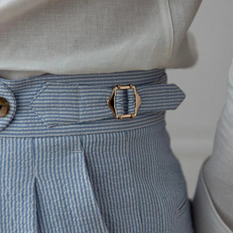 Men's Luxury Naples Slim-fit Thin Blue Striped Dress Pants Solid Color British Retro Premium Elegant Leisure High Waist Trousers