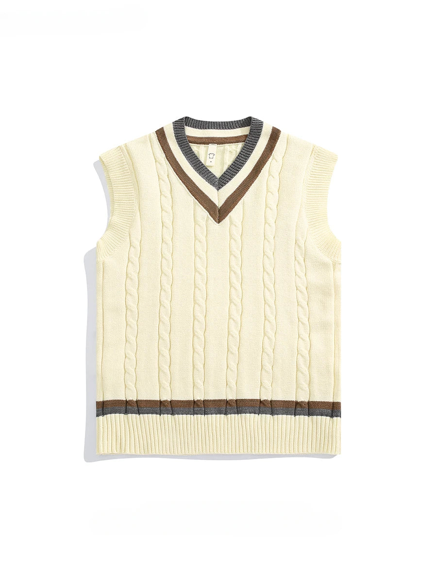 Men's British Retro College Style Color Block V-neck Sleeveless Knitted Vests Autumn Winter Versatile Layered Sweater Waistcoat