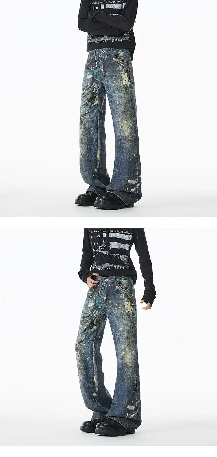 Jean Men Unique Design Graffiti Street Style Drag Jeans Urban Trendy Fashion Distressed Long Fit Casual Denim Pants Edgy Hip Hop