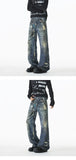 Jean Men Unique Design Graffiti Street Style Drag Jeans Urban Trendy Fashion Distressed Long Fit Casual Denim Pants Edgy Hip Hop