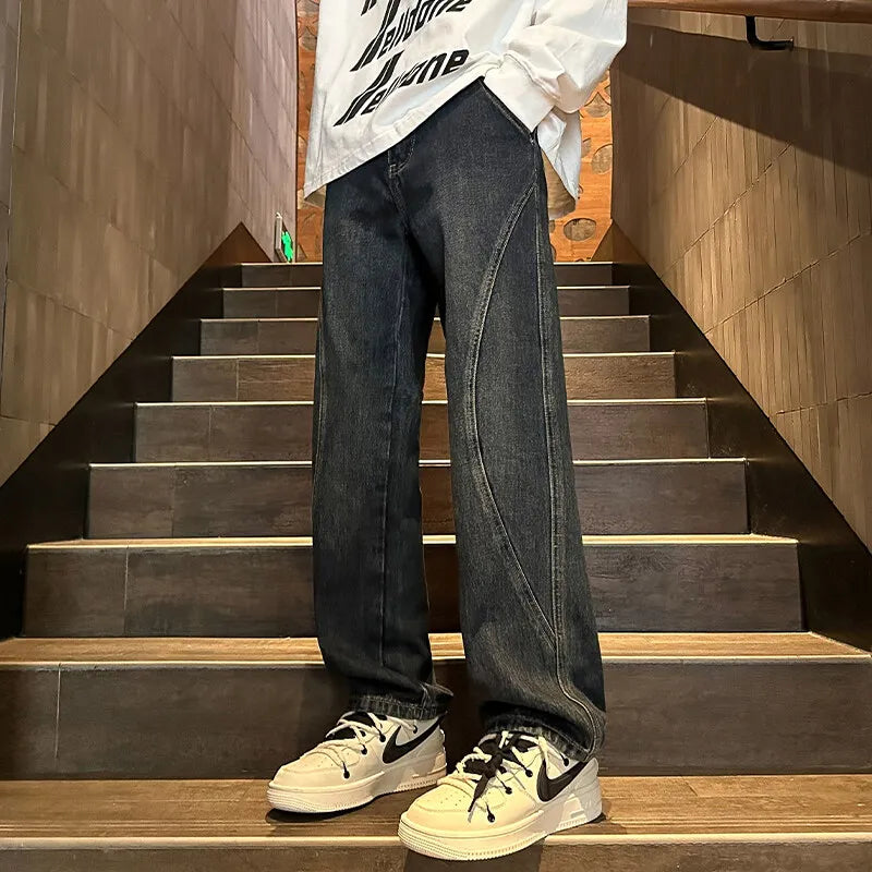 Straight Leg Jeans Men Washed Solid Trousers Panel Design Denim Pants Autumn Fall Male Wear New 2025 High-quality denim pants