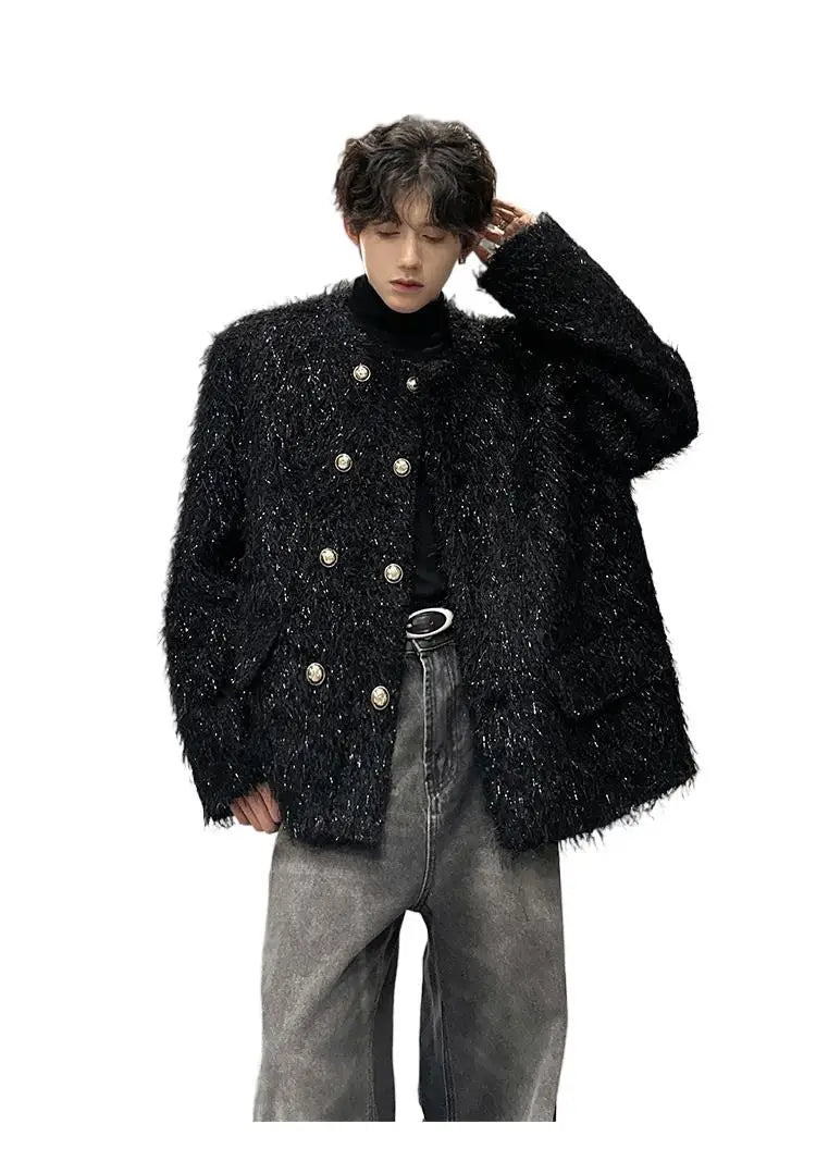Men's Double-breasted Woolen jacket Cardigan Autumn Winter Trend Collarless Jacket Fashion Korean Style Chic Elgance Coat