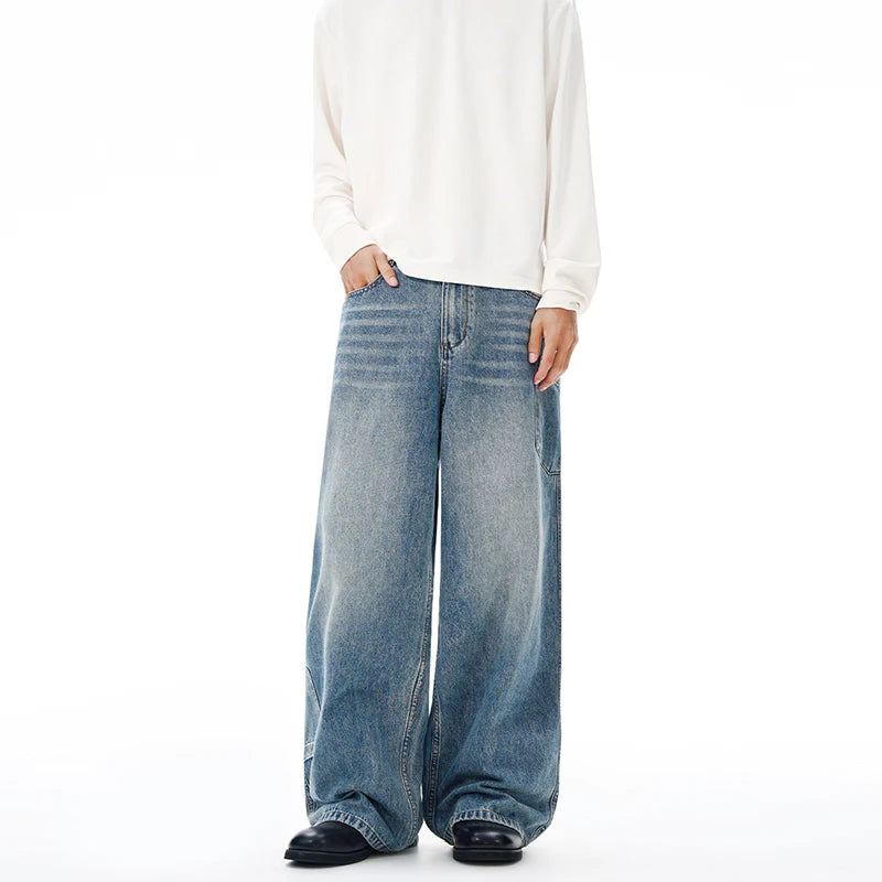 Multi-pocket Loose Wide-leg Jeans Men's Cotton Vintage Washed Denim Pants Hip-hop Fashion Y2K Streetwear Autumn Casual Trousers