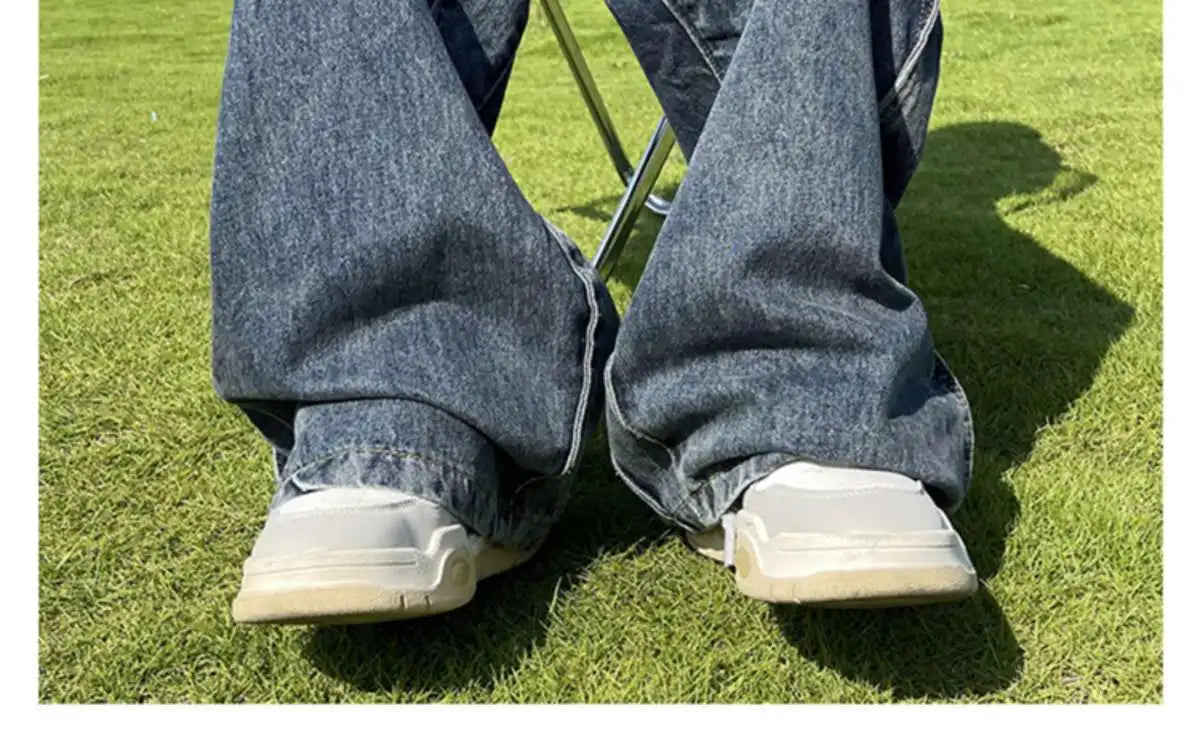 American High Street Jeans Men's Striped Patchwork Denim Pants Summer Loose Straight High-end Retro Versatile Wide-leg Trousers