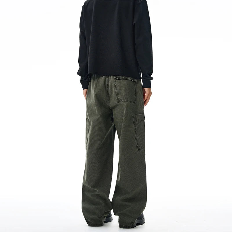 American Loose Straight Cargo Pants Men's Fashion Streetwear 100% Cotton Vintage Large Pocket Loose Casual Wide-leg Trousers