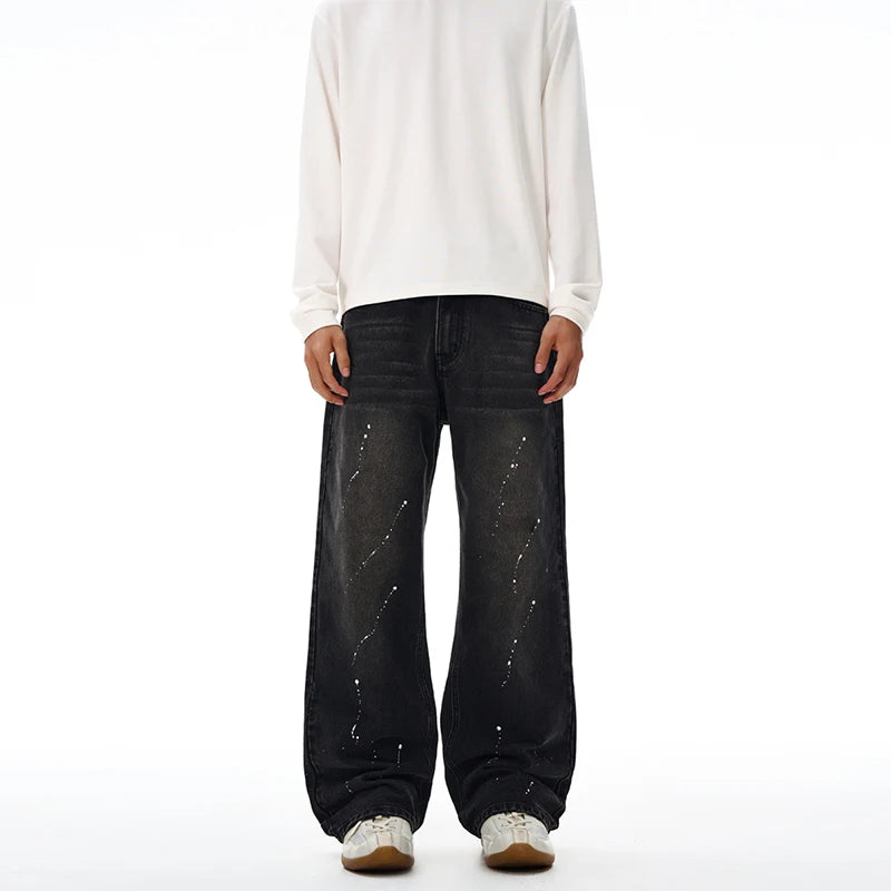Fashion Graffiti Black Loose Wide-leg Jeans Men's Autumn New American Simple Basic Wash Denim Pants Loose Straight Trousers