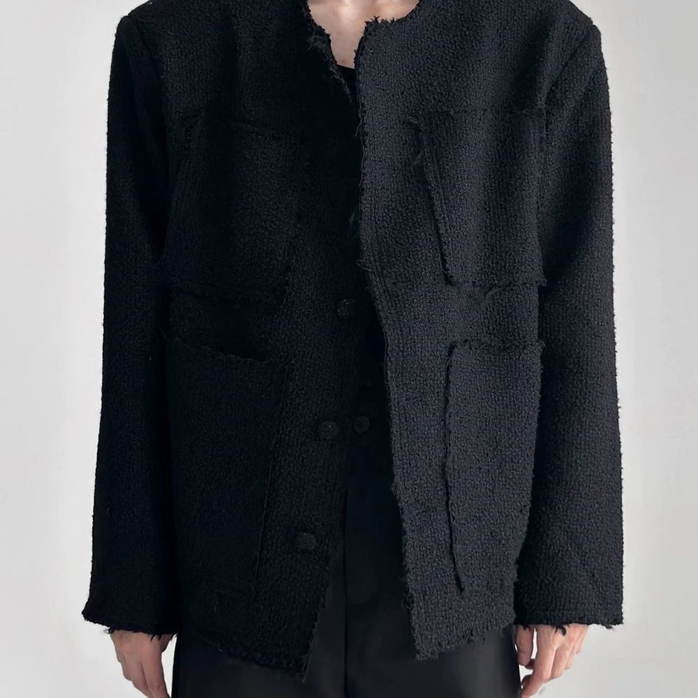 Mens Solid Color High-End Jacket Autumn And Winter New Style Raw Edge Design Collarless Loose Top Korean Style Trendy Jacket