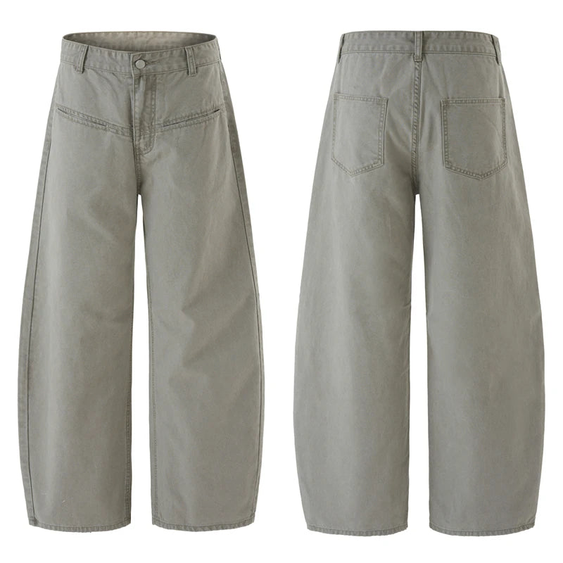 100% Cotton Wide-leg Jeans Men's Autumn Fashion Pocket Design Casual Trousers Loose American High Street Y2K Denim Pants