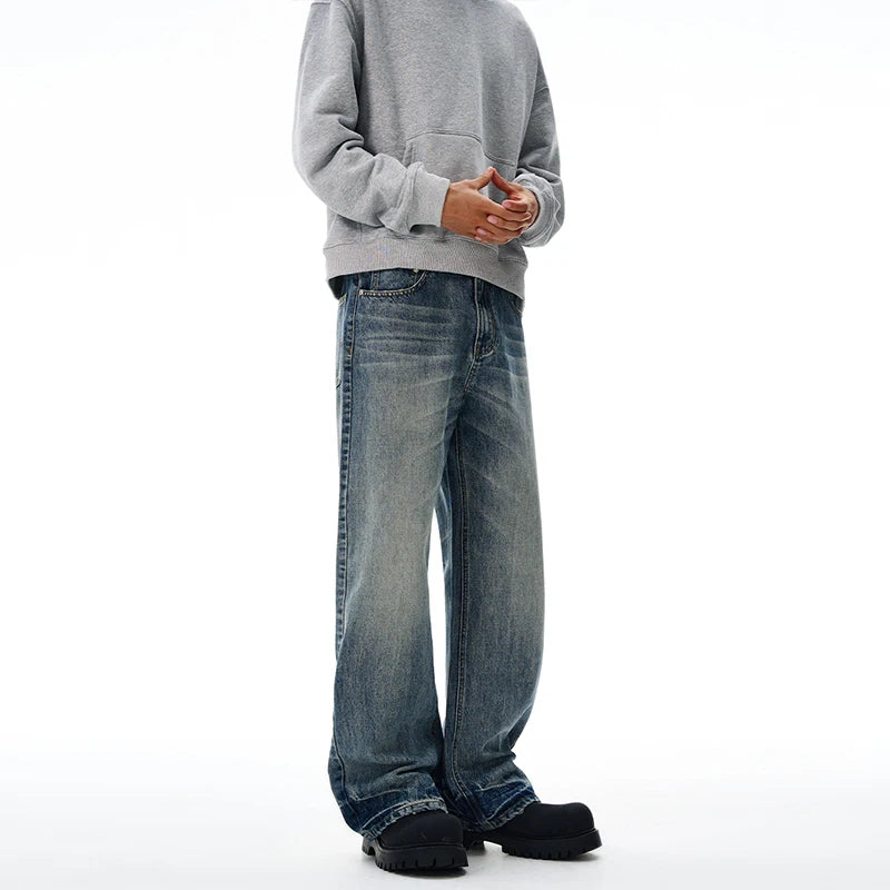 Vintage Wash Men's Loose Jeans American Cleanfit High Street Micro Flared Trousers Autumn Fashion Casual Wide-leg Denim Pants