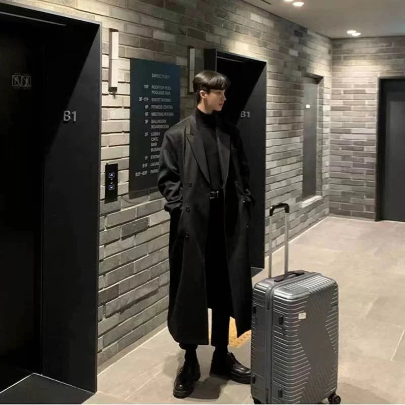 Men's Long Woolen Jacket To The Knee Winter Thickened Herringbone New Style Autumn/winter High Tall Coat