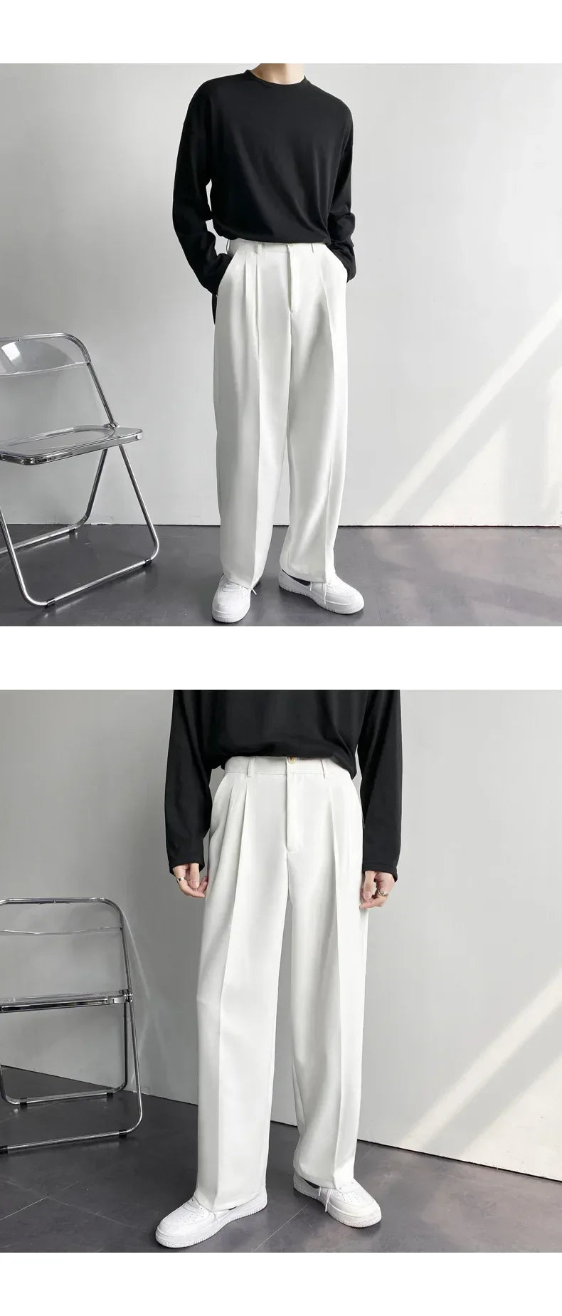 Spring Autumn Men's Fashionable White Korean Style Casual Pants Street Draped Straight Loose Suit Casual Trousers Male