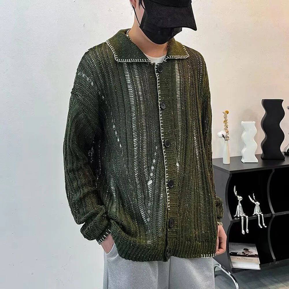 Fashion Casual Lazy Style Hole Knitted Sweater Cardigan Men Autumn And Winter Trend High-End American Street Retro Y2k Jacket