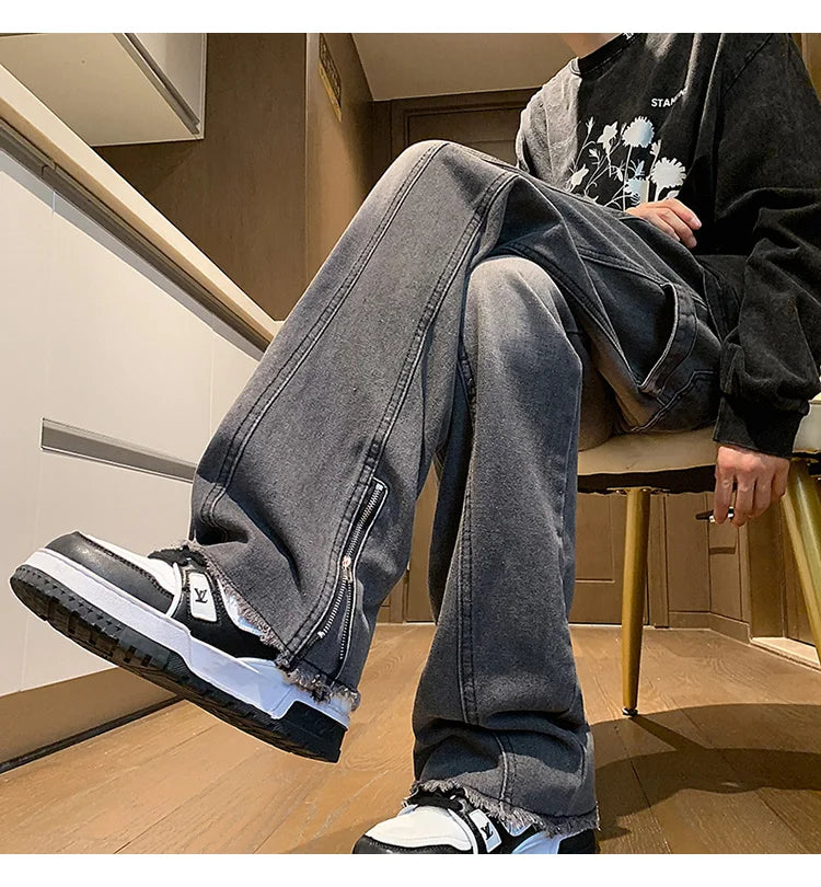 Autumn jeans men New Fashion Side Zipper Casual Jean Pants Men High Street Loose Straight Pant Mens Vintage All-match Trousers