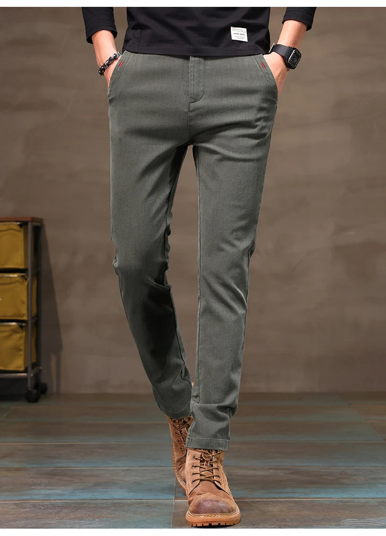 Men's Business Casual Pants Stretch Slim Fit Straight Semi-elastic Waist Trousers Solid Classic Office Work Male Clothing