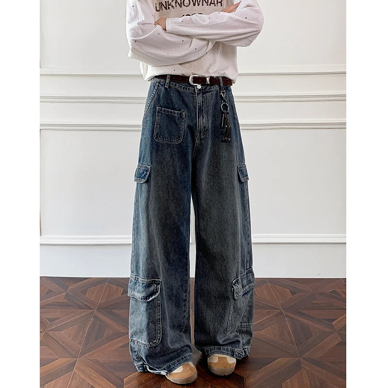 Men Workwear Cargo Jeans New Multi Pocket Loose Straight Leg Baggy Streetwear Denim Pants Urban Casual Trousers 2025 Autumn