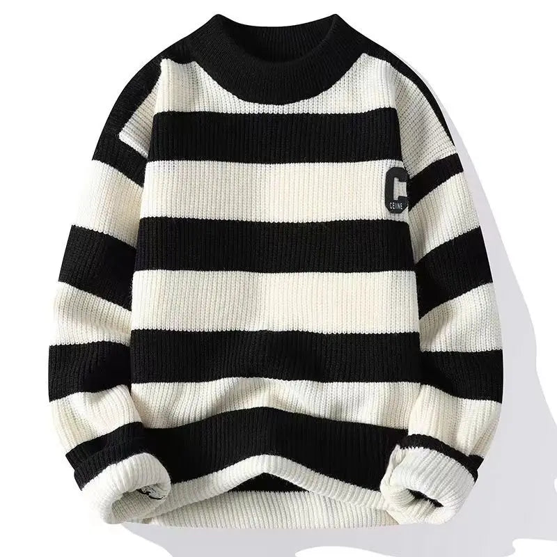 Autumn/Winter Men's Pullover Round Neck Loose Striped Contrast Letter Warm and Thick Casual Fashion Elegant Commuting Knitwear
