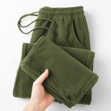 Double-sided Fleece! Retro Military Green Straight-leg Pants Women Loose Thickened Warm Drawstring Casual Wide-leg Pants Men