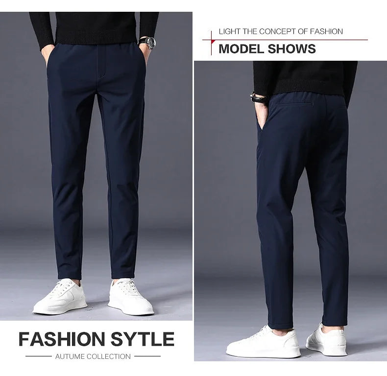 Winter Warm Fleece Men's Business Casual Pants Stretch Slim Fashion Korean Thermal Trousers Classic Simple Male Plush Clothes