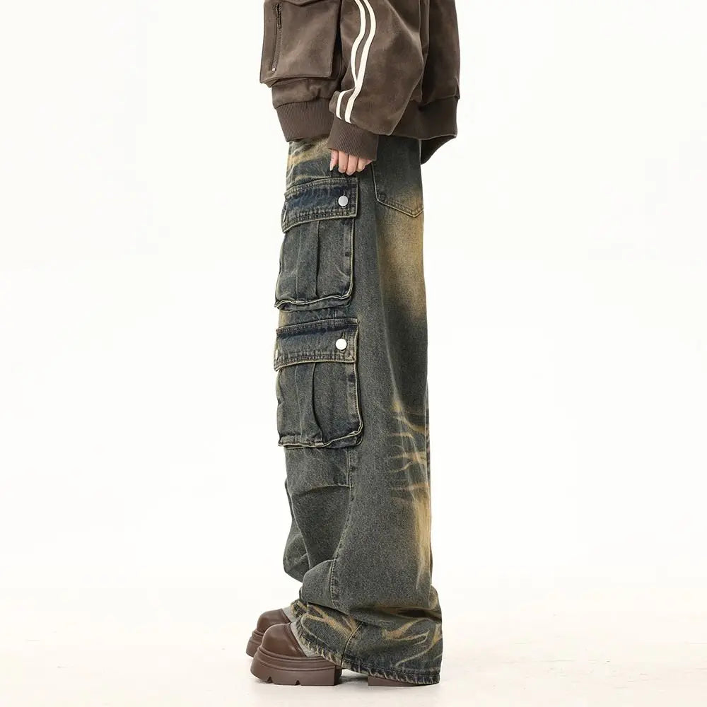 Spring and Autumn Trendy Street Personality Straight Tube Multi Pocket Work Clothes Jeans Couple Loose Retro Casual Pants y2k