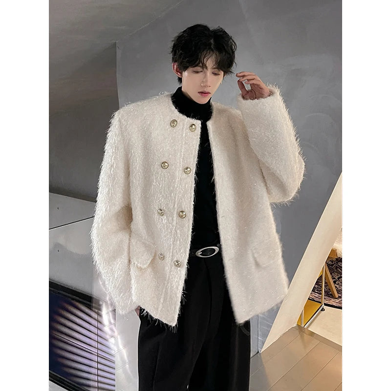 Men's Double-breasted Woolen jacket Cardigan Autumn Winter Trend Collarless Jacket Fashion Korean Style Chic Elgance Coat