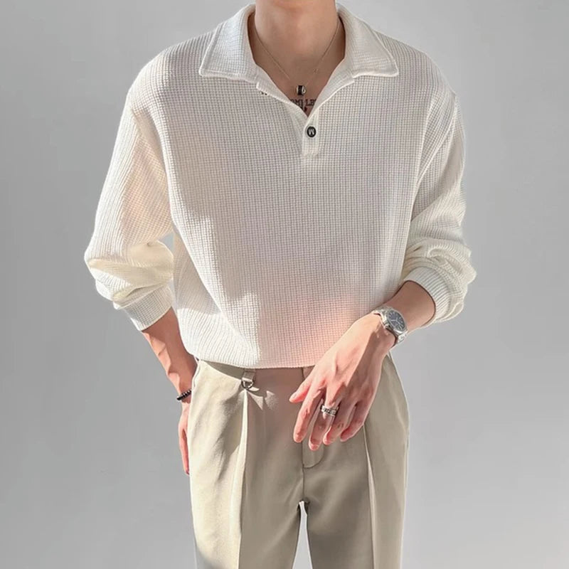 New Trendy Waffle Men Polo Shirt Leisure High Quality Solid Color Long Sleeve T-shirt Korean Fashion Autumn Loose Basic Shirts