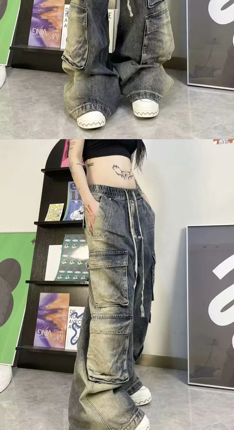 Street men and women trendy and personalized hip-hop straight leg washed gradient jeans for couples loose casual Harajuku pants