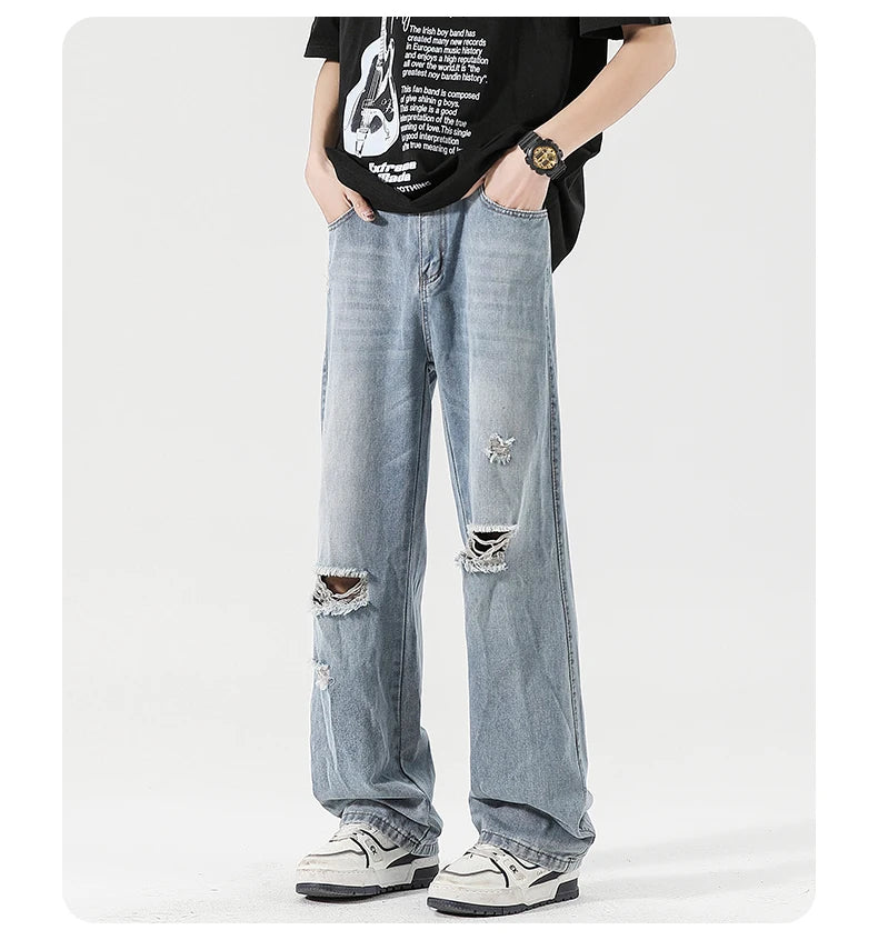 2025 Spring New Men's Ripped Jeans Baggy Straight Classic Light Blue Wide Leg Pants Elastic Waist Vintage Fashion Trousers Male