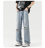 2025 Spring New Men's Ripped Jeans Baggy Straight Classic Light Blue Wide Leg Pants Elastic Waist Vintage Fashion Trousers Male