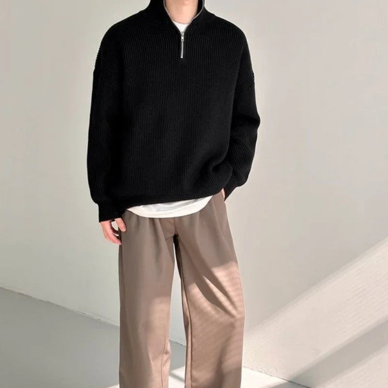 Man Clothes Solid Color Zip-up Knitted Sweaters For Men Black Zipper Plain Pullovers Stylish Casual Winter Fun Neck A