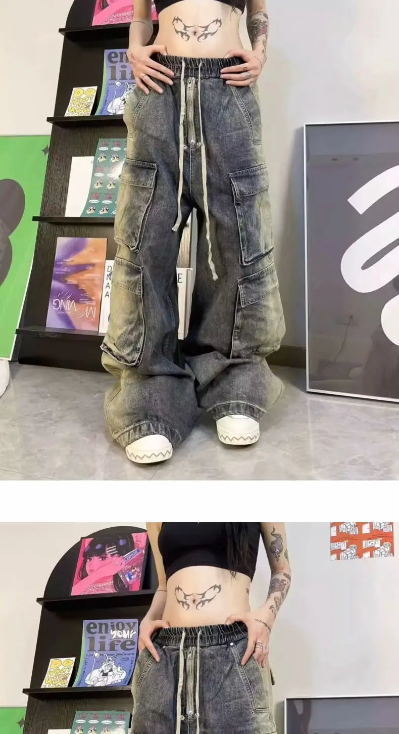 Street men and women trendy and personalized hip-hop straight leg washed gradient jeans for couples loose casual Harajuku pants