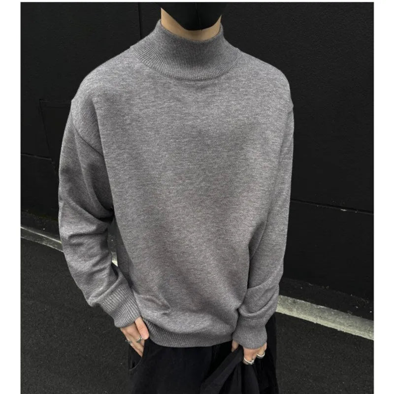 Men's Light Luxury Knit Mock Neck Sweater Autumn Winter Fashion Korean Long Sleeve Streetwear Leisure All-match Knitwear