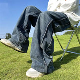 American High Street Jeans Men's Striped Patchwork Denim Pants Summer Loose Straight High-end Retro Versatile Wide-leg Trousers