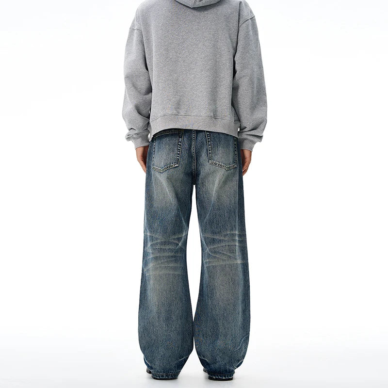 Vintage Wash Men's Loose Jeans American Cleanfit High Street Micro Flared Trousers Autumn Fashion Casual Wide-leg Denim Pants