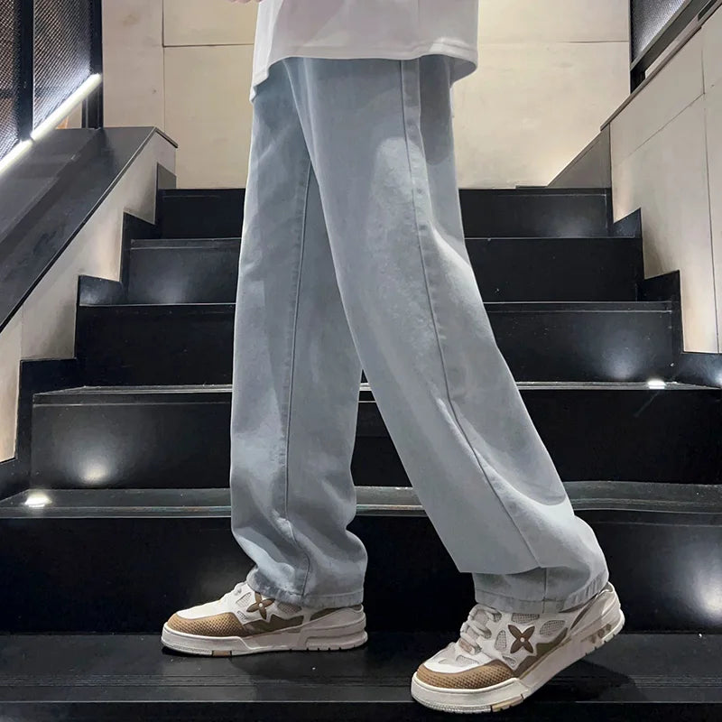 Korean Men's Jeans Classic Man Straight Denim Casual Wide Leg Pants Pockets Black Gray Black Baggy Jeans Casual Trousers